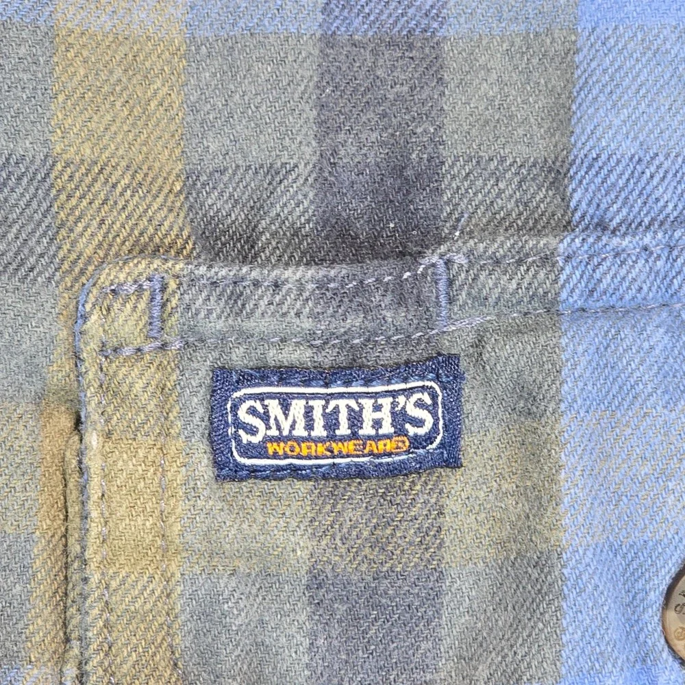 Smiths Workwear Mens Large‎ Flannel Shirt Blue Olive Green Plaid Long Sleeve L